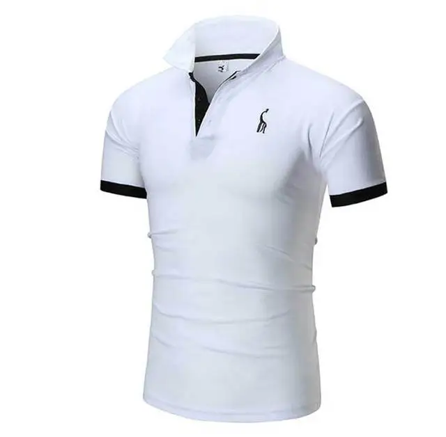 Мужская Однотонная рубашка поло с вышивкой оленя, деловая Повседневная Хлопковая мужская Тонкая рубашка с коротким рукавом - Цвет: Белый