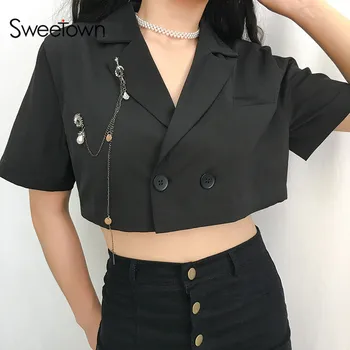 

New Sexy Black Single Button Cropped Coats And Jackets Women Short Sleeve Turn-Down Collar Wide-Waisted Summer Jacket Autumn