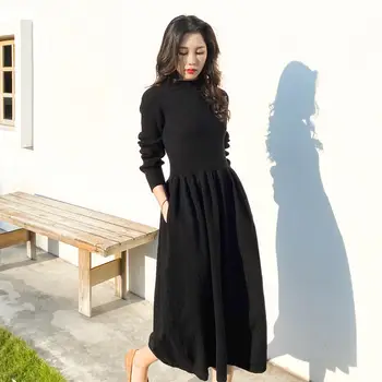 

Black Winter Dress Women Vestidos Long Sleeve Vintage Sweater Dresses Elegant Fashion Slim Bodycon Long Dress Robe Femme Q2138