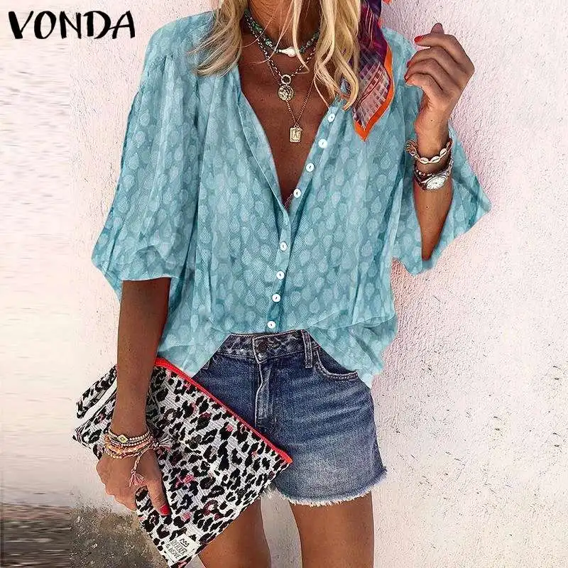VONDA, модные женские топы,, Женская Повседневная Свободная однотонная блузка с v-образным вырезом, женские рубашки, женские повседневные блузы, плюс богемная туника - Цвет: Blue