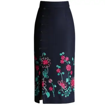 

plus size 4X!Autumn winter vintage embroidered woolen skirt women high waist package hip split pencil skirt