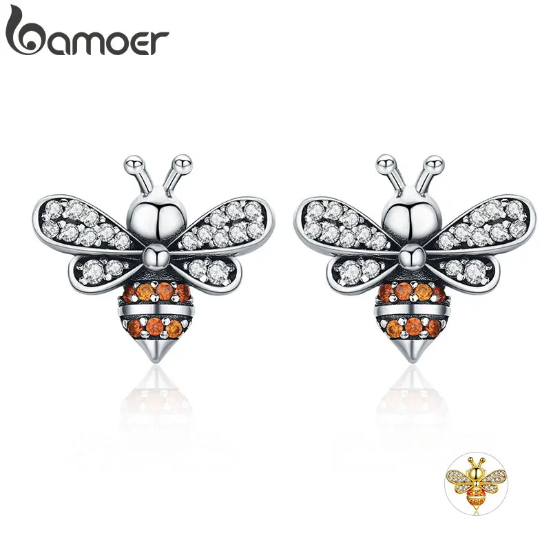 

BAMOER High Quality 100% 925 Sterling Silver Bee Story Clear CZ Exquisite Stud Earrings for Women Fashion Silver Jewelry SCE344