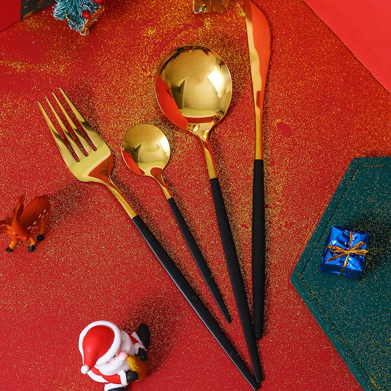 US $35.70 24pcs Gold Dinnerware Set 304 Stainless Steel Tableware Set Knife Fork Spoon Flatware Set Christmas Gift Cutlery Set Gift Box