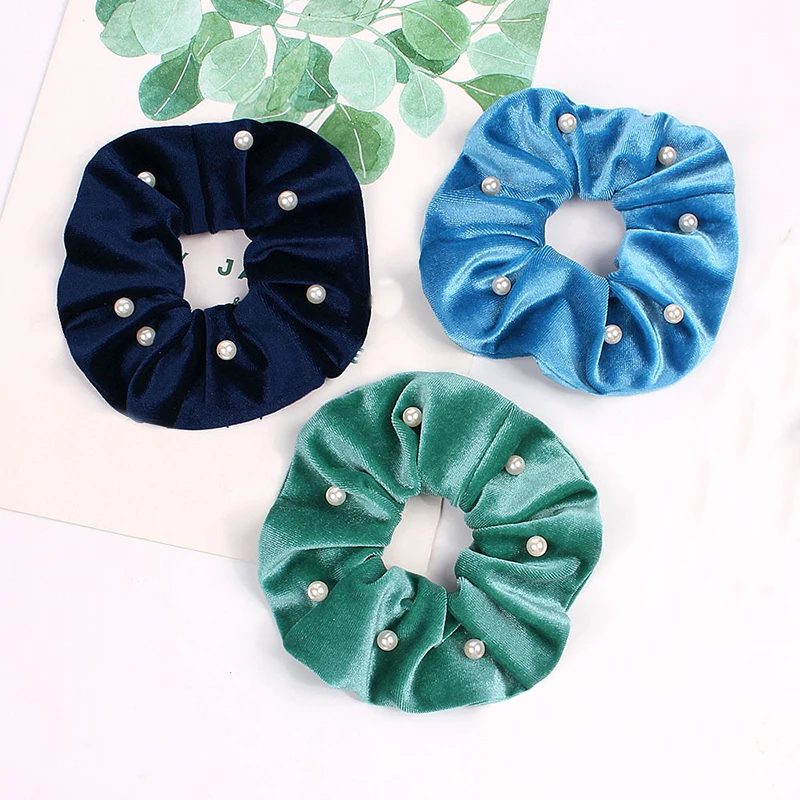 Soft Flannel Scrunchies With Pearl Rope Ties Elastic Hair Bands For Women Sweet Solid Color Ponytail Holder for Hair Accessories