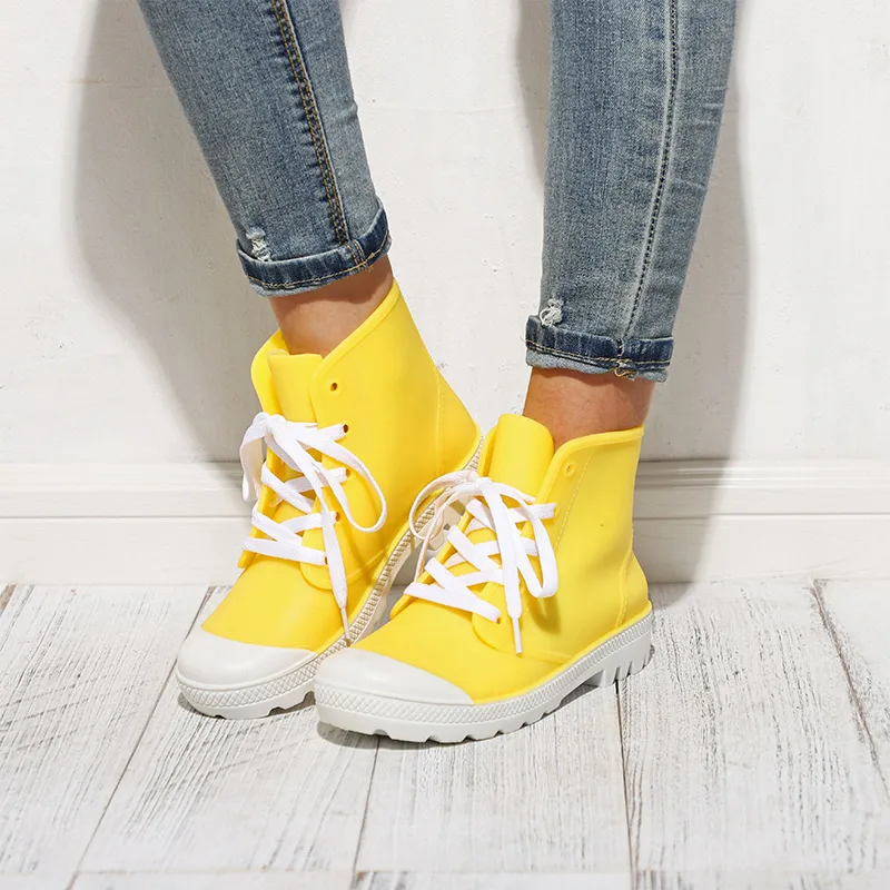 

TINO KINO Women Rubber Rain Platform boots Ladies Flat CasualAnkle Boots Female Solid Fashion Lace Up Waterproof Shoes