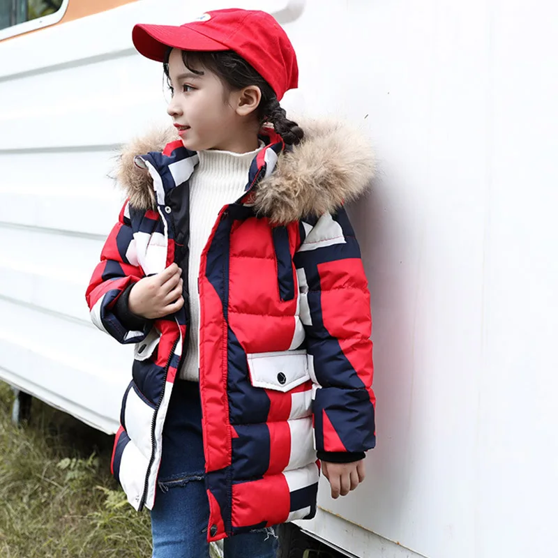 Детская зимняя парка, пальто Верхняя одежда с меховым воротником и капюшоном пуховик для мальчиков и девочек Детские пуховые пальто для девочек от 5 до 12 лет - Цвет: Красный