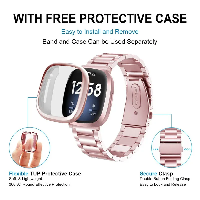 Fitbit Versa 4 3 밴드 밀라노 스테인레스 스틸 메탈 스트랩 Fitbit Versa Sense 2 스크린 보호 케이스 포함