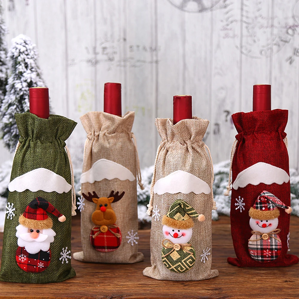 

4Pcs Santa Clause Snowman Linen Champagne Bottle Covers Christmas Party Home Decor Table Christmas Red Wine Bottle Covers Bag