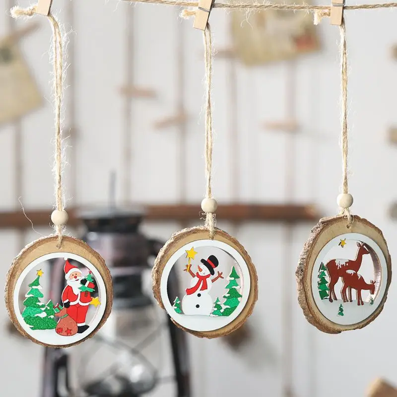 

6pcs/set Christmas Wooden Bark Pendants Round Cutout Pattern DIY Crafts Christmas Tree Ornament Home Decoration D5BD