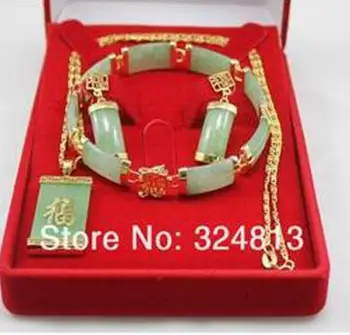 

>>@> Beautiful 18K gold plated green jade bracelet necklace earrings set Natural jewelry