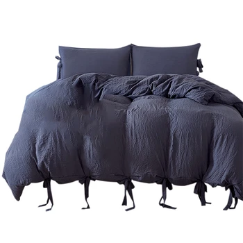 

Washed Cotton Bow Duvet Cover Solid Color Comfortable Quilt Washable Lace Home Textile Three-Piece