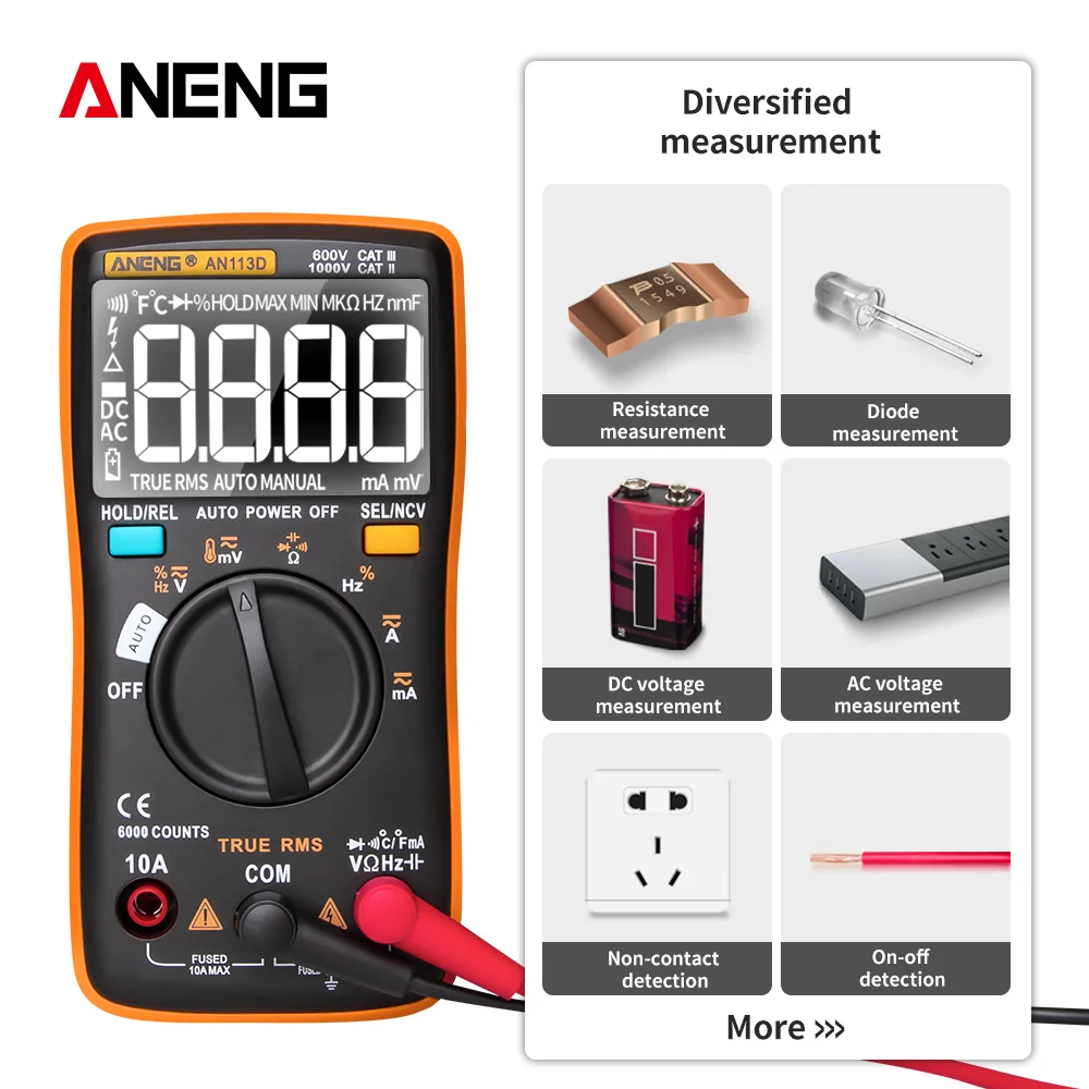 ANENG AN113D NCV цифровой мультиметр AC/DC напряжение тест er Авто Диапазон тока тест ручной измеритель цифровой мультиметр Подсветка