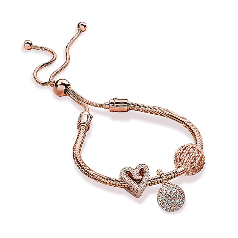 

100% S925 terling Silver Rose gold hollow-out hand-painted heart pendant adjustable pan bracelet high quality valentine