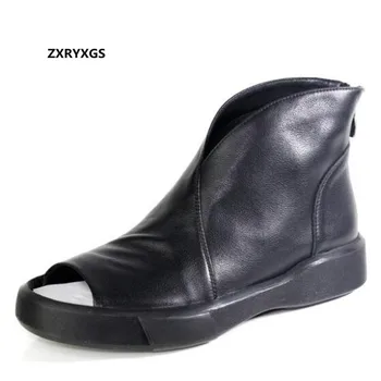 

2020 New Summer Full Genuine Leather Sandals Fish Mouth Ankle Boots Woman Shoes Summer Sandals Flat Wedges Sandals Women Sandals