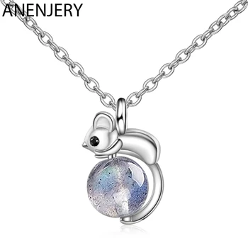 

ANENJERY Cute Mini Mouse Pendant Necklace Natural Moonlight Stone Silver Color Clavicle Chain Jewelry For Women S-N520
