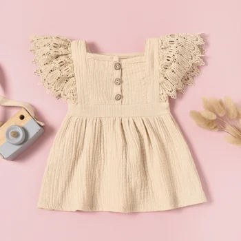 0-24M Newborn Infant Baby Girls Casual Dress Solid Color Short Fly Sleeves Clothing Yellow/ Grey Blue/ Pink/ Apricot 4
