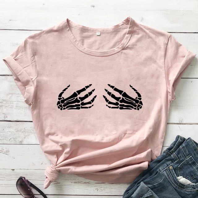 Funny Skeleton Hands Boobs Halloween T-shirt Trendy 90s Holiday