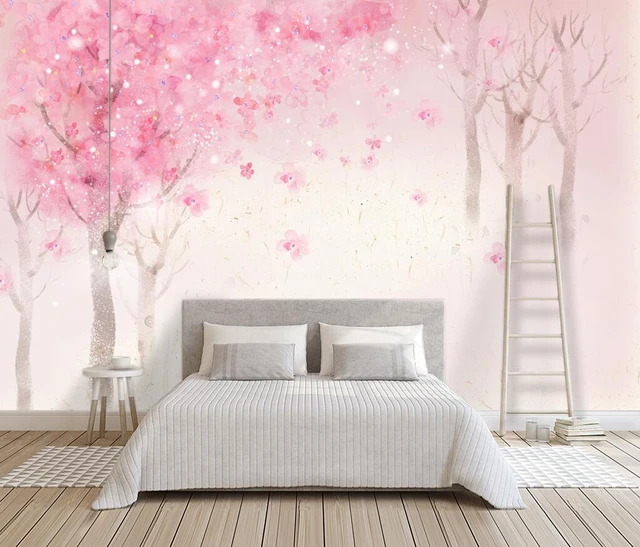 Papier peint 3D rose fleur de cerisier autocollant mural Art décor à la  maison graphique fleurs pétales arbre 