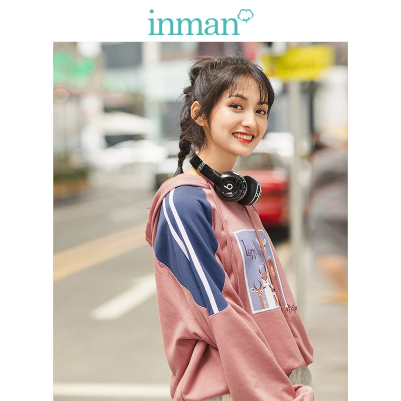 

INMAN 2019 Autumn New Arrival Fashion Contrast Color Print Hooded Casual Loose Personality Women Sweater
