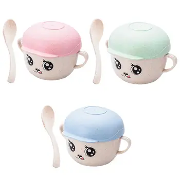 

3 Colors Wheat Straw Children's Hat Bowl Suit Nordic Style Cartoon Practice Anti-scalding Shatter-resistant Baby Tableware Bowl