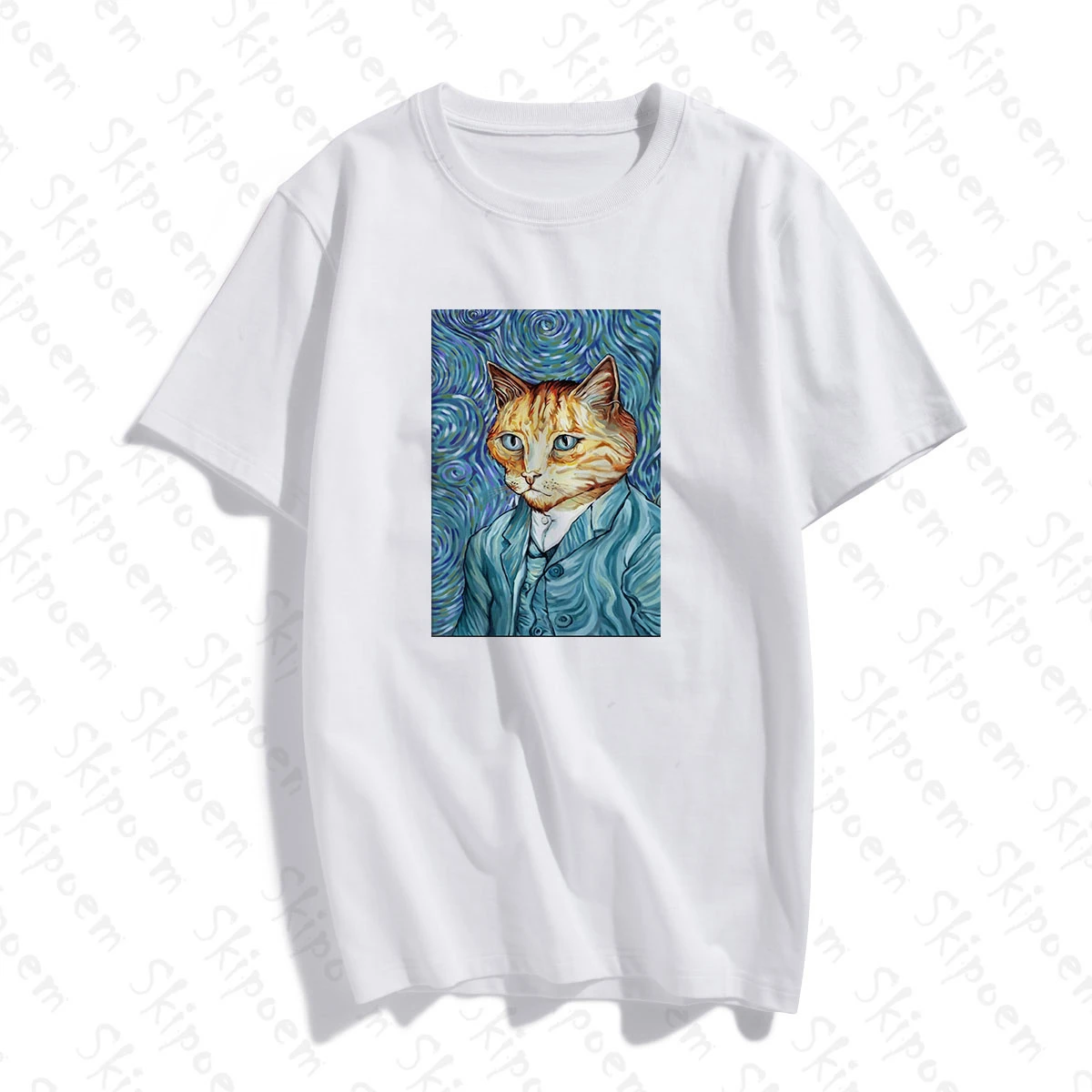 

2020 Fashion Female T-shirt Funny Van Gogh Cat Custom Cotton O Neck T Shirt Plus Size Short Sleeve Brand Female T-Shirt Femme