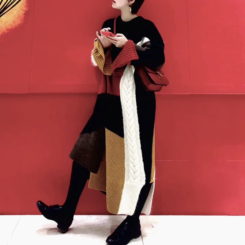 

[EWQ] 2019 New Spring Winter Fashion Long Sleeve Round Collar Split Joint Hit Color Irregular Hem Loose Knit Dress Woman BL377