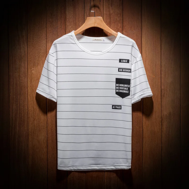 

Summer Pinstripe basic loose casual striped round neck T-shirt short-sleeved Comfortable Brief Japan style clothes white men top