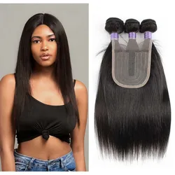 3 Bundles with Lace Closure Middle Part Straight Remy Human Hair Weave Extension 200g/set Black Color Closure Bobbi Collection