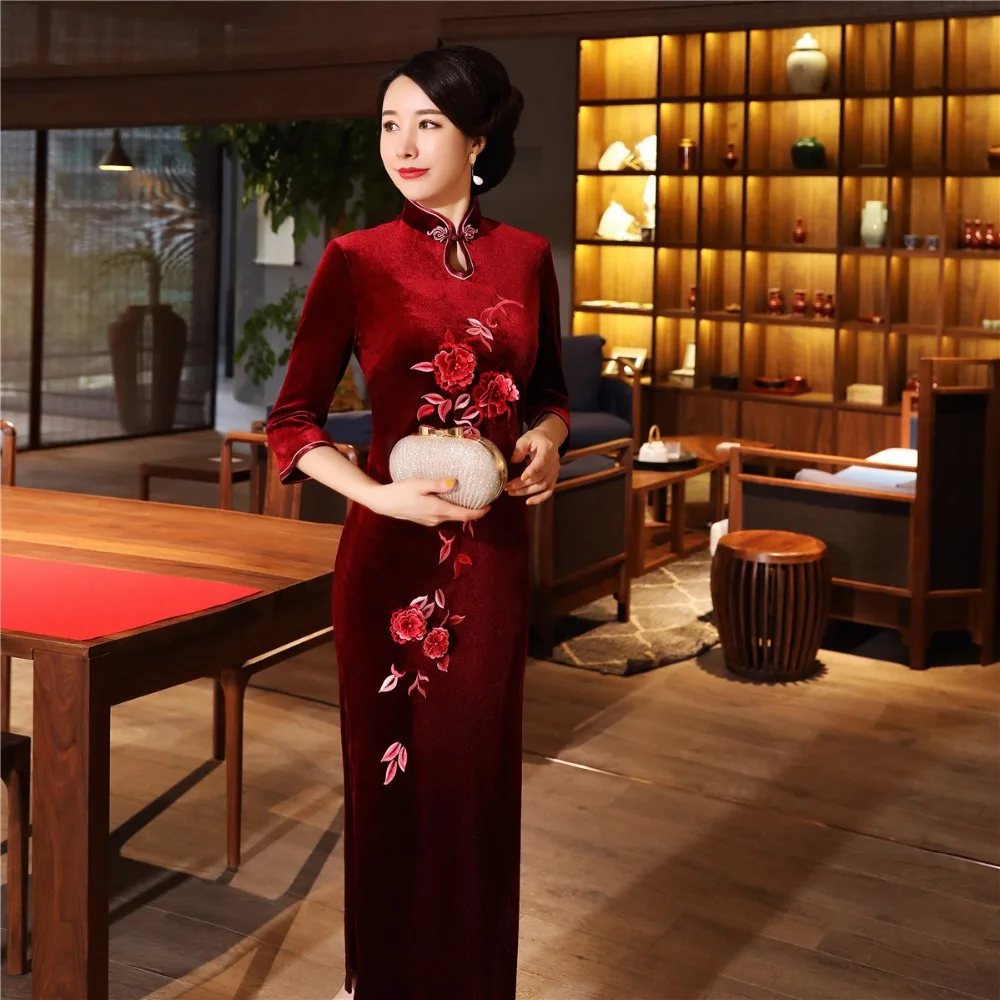 Шанхай история бархат Cheongsam китайское платье вышивка Qipao длинное