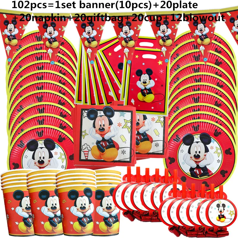 1Set Red Mickey Mouse Theme Disposable Paper Cups Plates Flexible Straws Baby Shower Kid Birthday Napkin Decoration Supplies 