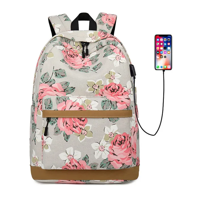 3 шт. в комплекте рюкзак для девочек-подростков школьные сумки с цветочным принтом холщовые Рюкзаки Женские USB Компьютерные рюкзаки студенческие Mochila - Цвет: 1pcs-grey