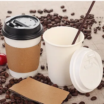 

50pcs Thick disposable coffee milk tea hot drink paper cup takeaway packaging cups with lid and kraft paper cup sleeves