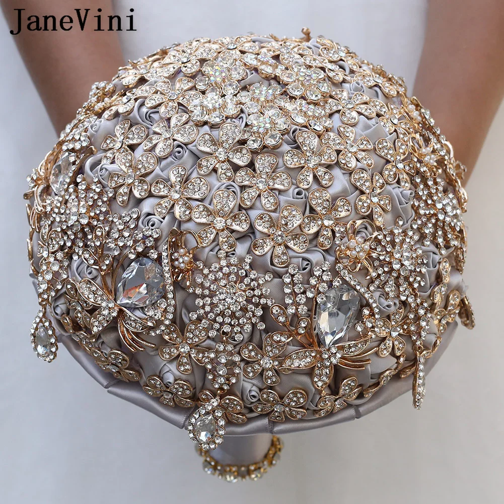 JaneVini Luxury Gold Crystal Wedding Flowers Bridal Bouquets Elegant Pearl Bride Bouquet Rose Artificielle Rhinestone Jewelry