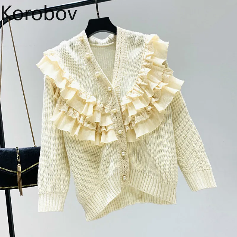 

Korobov Women Solid Outwear Cardigans Korean V Neck Single Breasted Loose Casual Sweater Pearls Ruffles Elegant Sweaters 78984