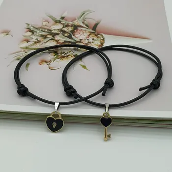 2 pcs set Couple Trendy Bracelet For Friend Lock Key Design Black Color Rope Bracelet Wholesale & Drop shipping Jewelry
