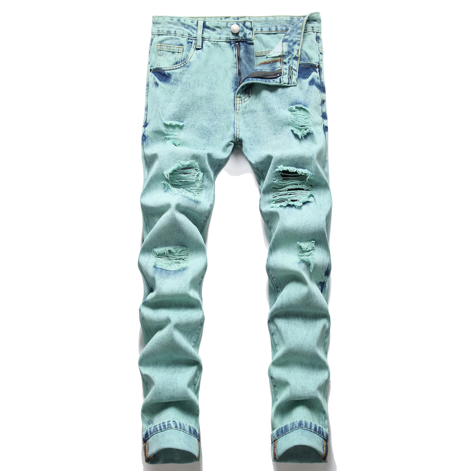 2022 Men's Light Green Jeans Youth New Ripped Fashion JeansJeans
