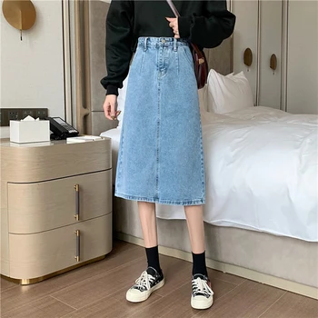 

Korean 2020 Spring Summer New A-line Midi Denim Skirt Elegant High Waist Slim Blue Jeans Skirts For Female Fashion Faldas Saia