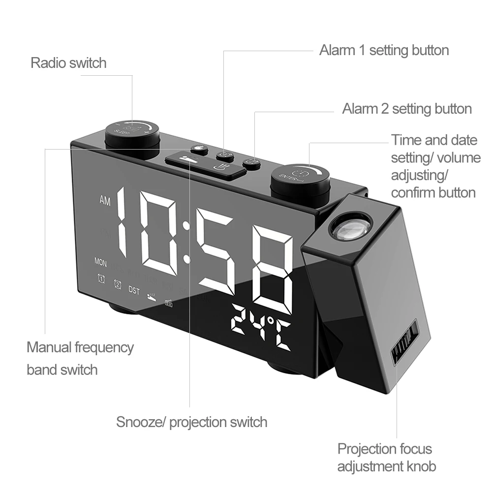 Digital Alarm Clock FM Projection Radio Alarm Clock with Snooze Thermometer Table Clock USB LEDs Alarm Clocks