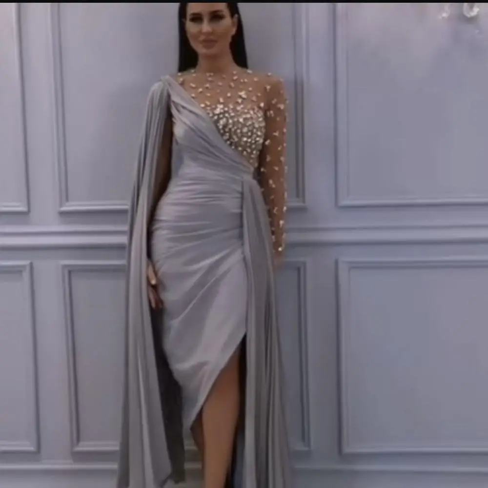 Caftan Бисероплетение С Высоким Разрезом сверкающие официальные платья длинные роскошные сексуальные вечерние платья под заказ серое шифоновое прозрачное вечернее платье - Цвет: picture color