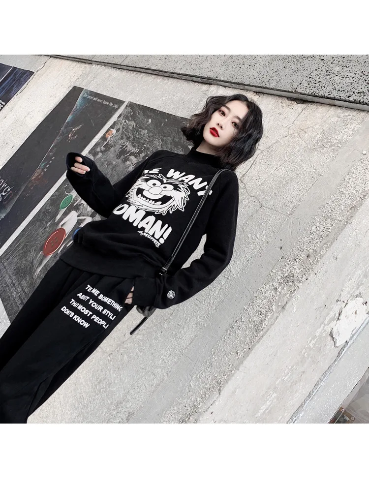 Personality popular logo hoodie woman new dark harbor style semi-high collar loose with velvet