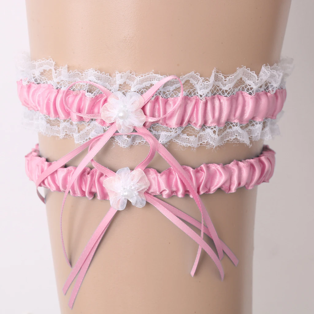 2Pcs Rustic Bridal Wedding Garter Floral Stretch Bridal Lace Satin Bowknot Thigh Ring Soft Socks Hen Party Lace Pearls Garter
