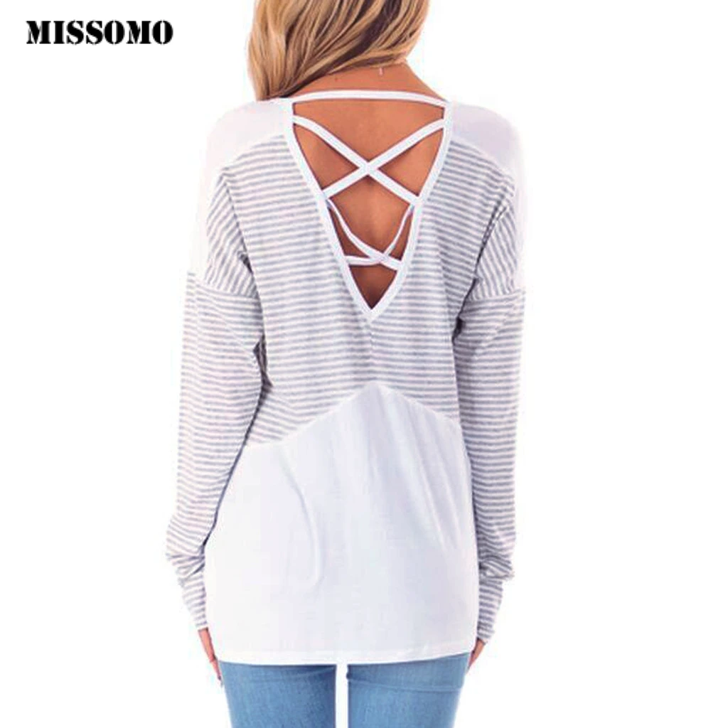 

MISSOMO T shrit Womens Casual Backless Stripe Splicing Backless Easy Tops Loose O-Neck Long Sleeves Tops Open Back T Shirt 726