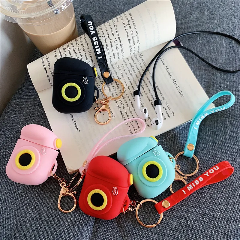 

For AirPod 2 Case 3D Retro Camera Cartoon Soft Silicone Earphone Cases For Apple Airpods Case Cute Cover Funda + Anti-lost Rope