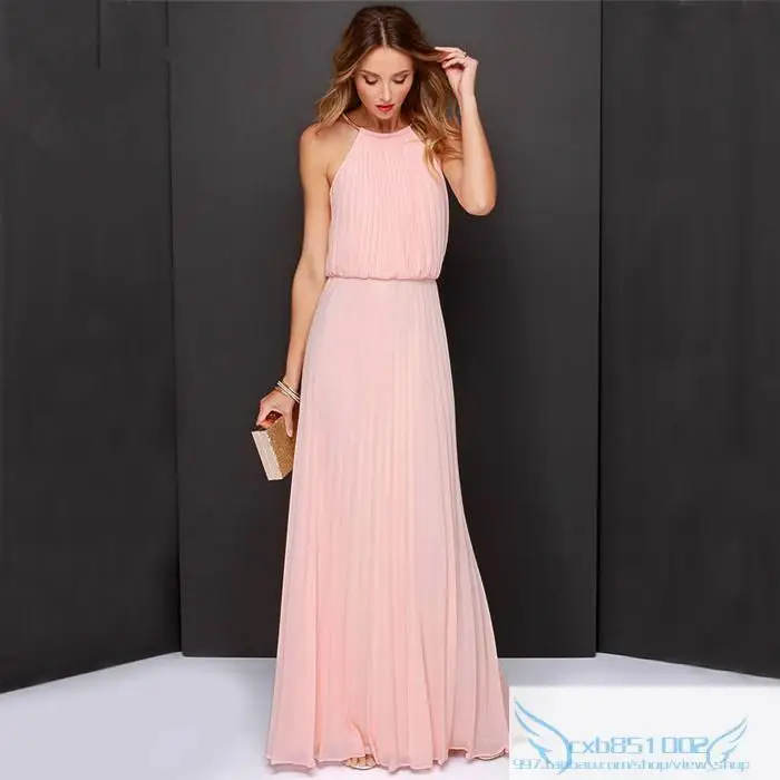 

5-Color 4 Code Hot Selling Europe And America Hot Selling Halter Solid Color Sleeveless Dress Beach Long