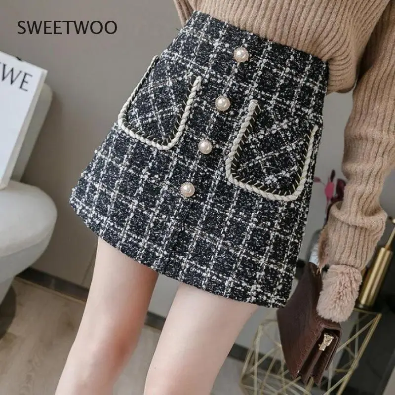 Elegant Pearl Button Wool Plaid Mini Skirts