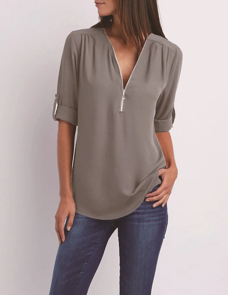 S-5XL Women Chiffon Blouse Casual Half Sleeve V-Neck Zipper Blue Irregular Loose Shirts Summer Autumn Sexy Tops Plus Size Shirts - Цвет: 6186 Gray