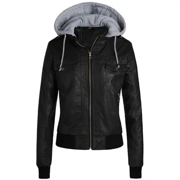 

Women Thicken Winter Liner Detachable PU Jacket Hooded Leather Fur Moto Coat Motorcycle Woman Plus Size 3XL Autumn Outerwear