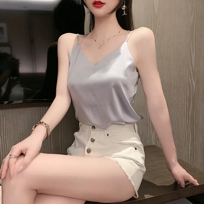 Korean Silk Women Tank Tops Woman Satin Silk Camis Woman Basic White Top Camisole Plus Size Women Sleeveless V Neck Halter Top