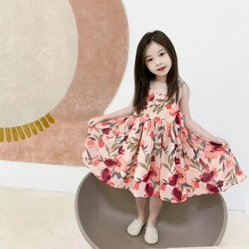 

2020 Korea Style Baby Girls Floral Chiffon Dress Summer Kids Girls Dresses Girl Clothes 2-7 Years