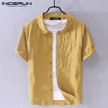 

2020 Men Shirt Turn-down Collar Plain Button Breathable Short Sleeve Streetwear Blouse Cotton Casual Men Shirts Harajuku INCERUN